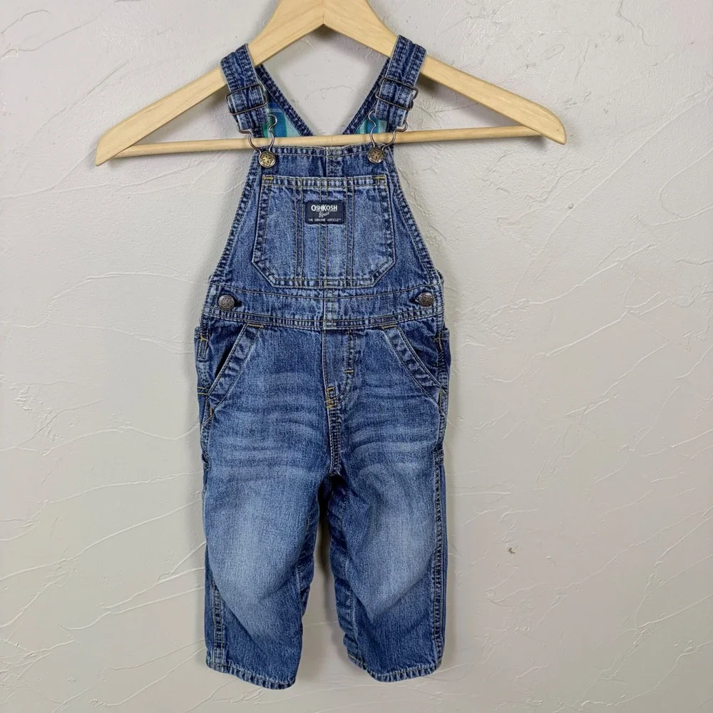 OshKosh B'gosh Denim Overalls Baby 18M Plaid‎ Lined Blue Carpenter Workwear